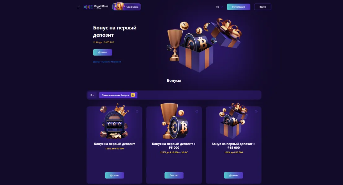 Бонусы доступные после регистрации в CryptoBoss Casino